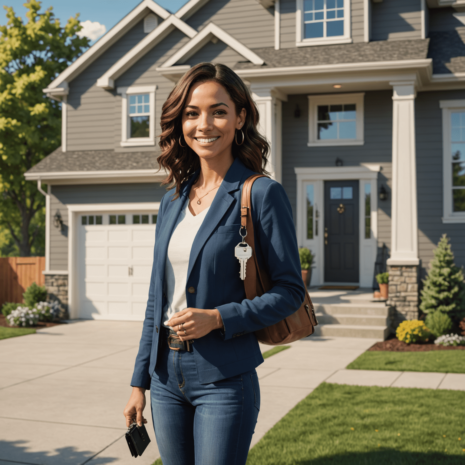 Sarah standing proudly in front of her new home, smiling and holding keys