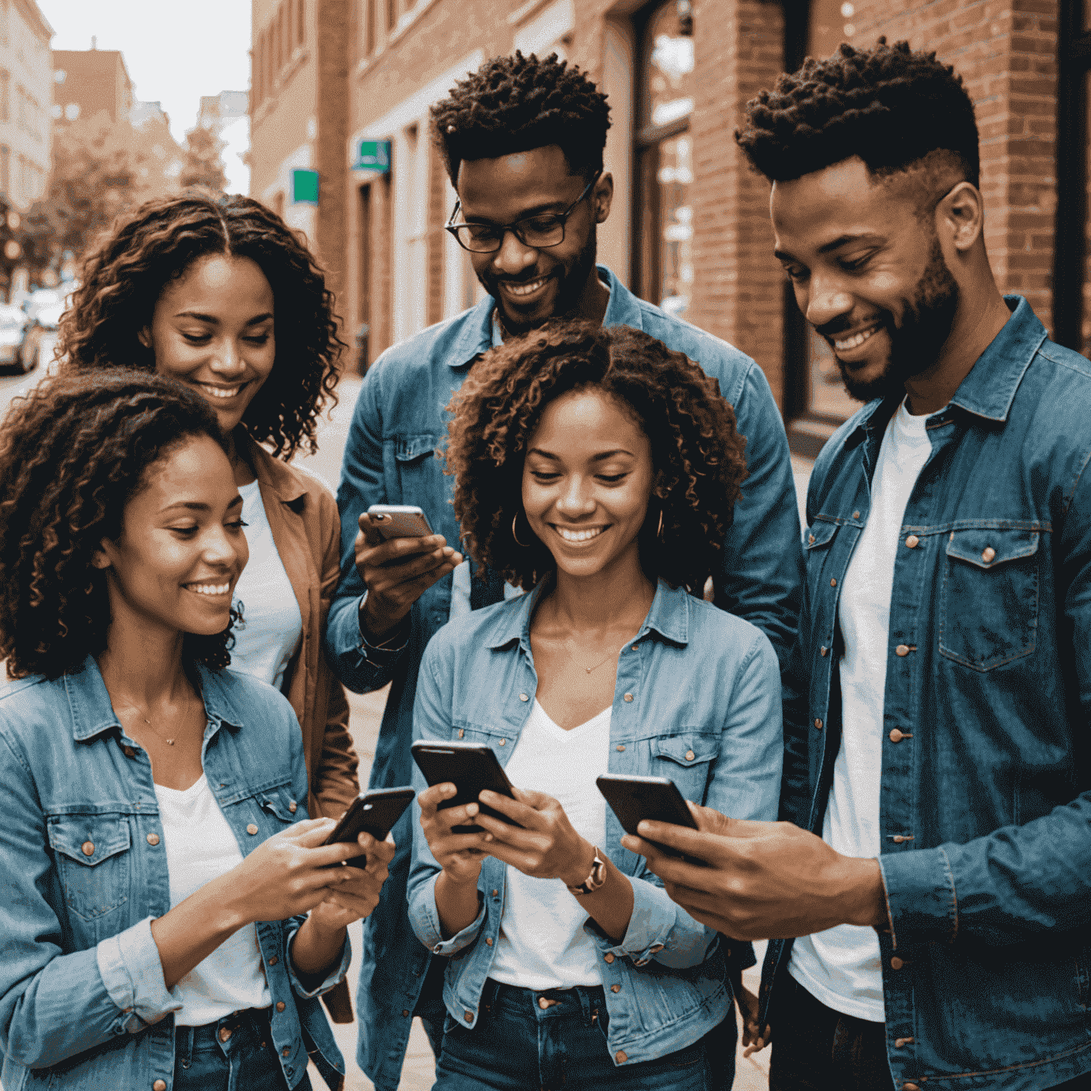 A diverse group of people using mobile banking apps on their smartphones and tablets, showcasing the convenience of Affinity FCU's checking accounts