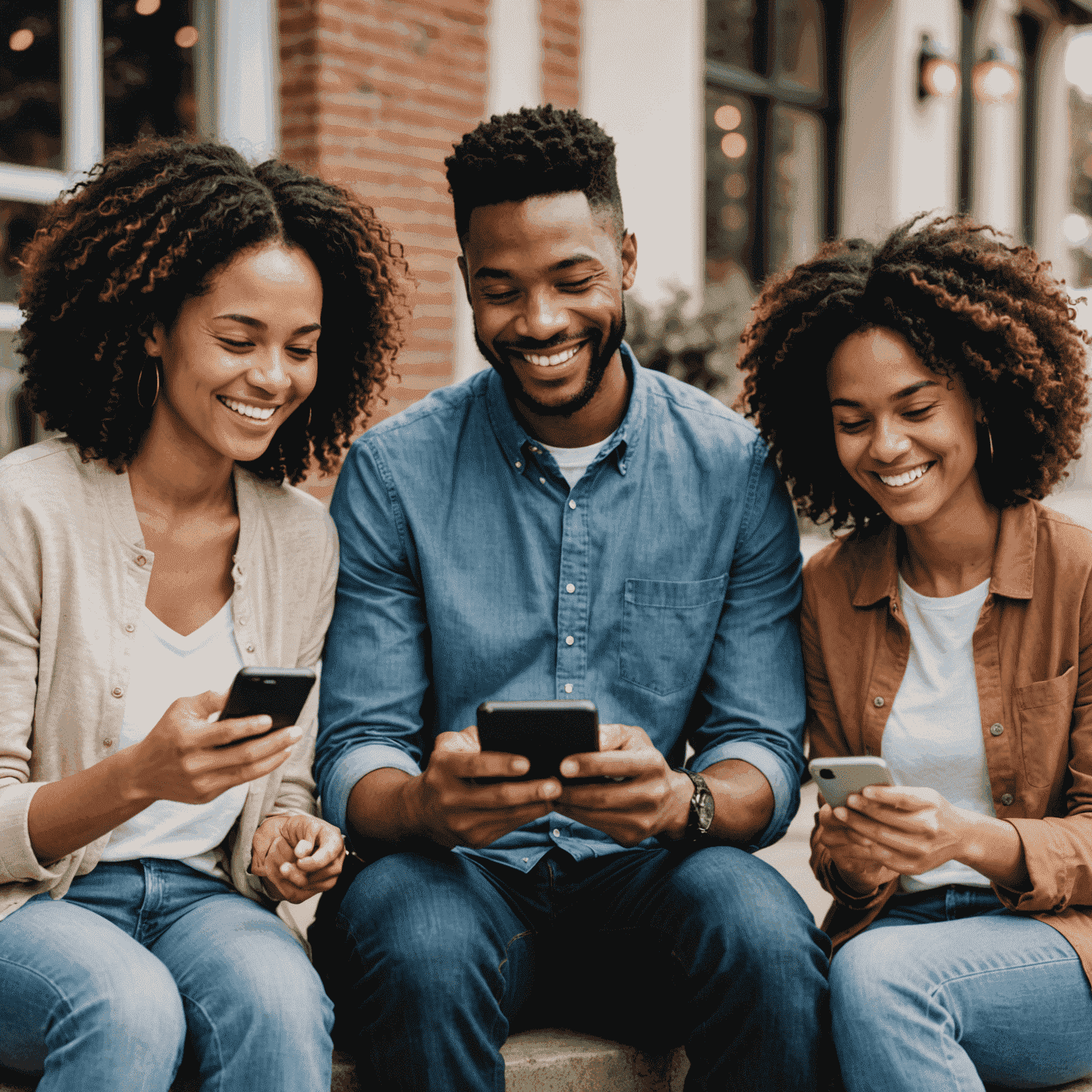 A diverse group of people smiling and looking at their mobile devices, representing satisfied Affinity FCU members checking their growing savings accounts