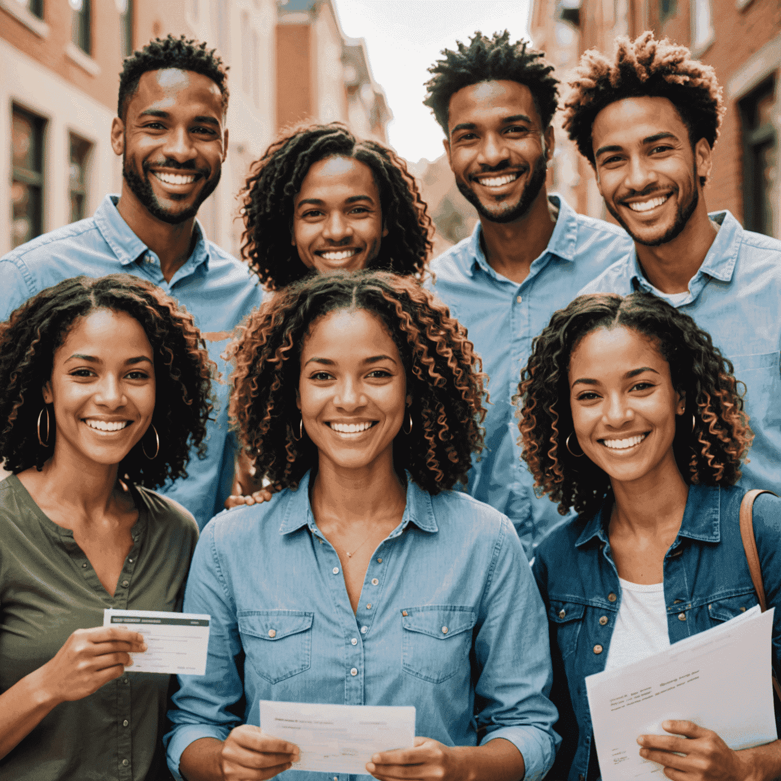 A diverse group of people smiling and holding Affinity FCU personal loan documents, symbolizing financial empowerment and success