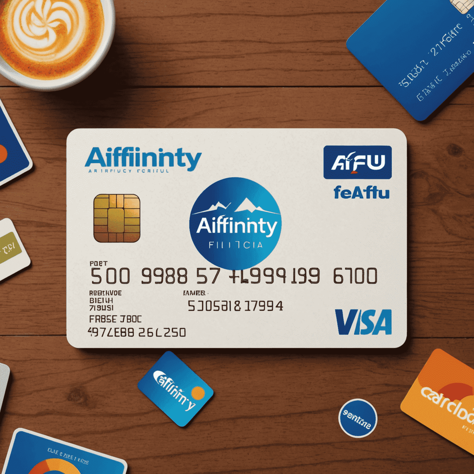 A credit card with a vibrant design featuring the Affinity FCU logo and various reward symbols such as travel, cashback, and points