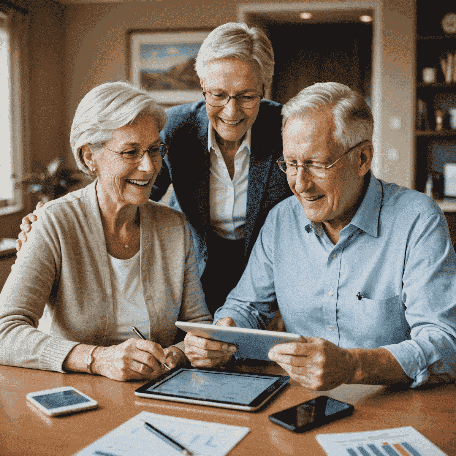 Senior couple discussing retirement plans with a financial advisor. The image shows a warm and friendly interaction, with the advisor pointing to a tablet screen displaying retirement savings projections.