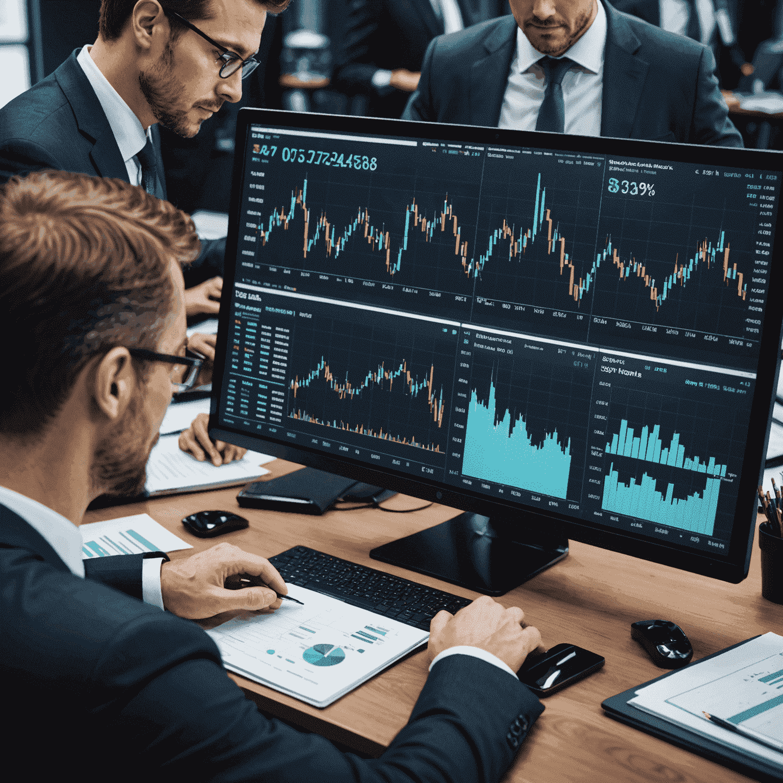 Breaking financial news image showing stock market charts and business professionals analyzing data