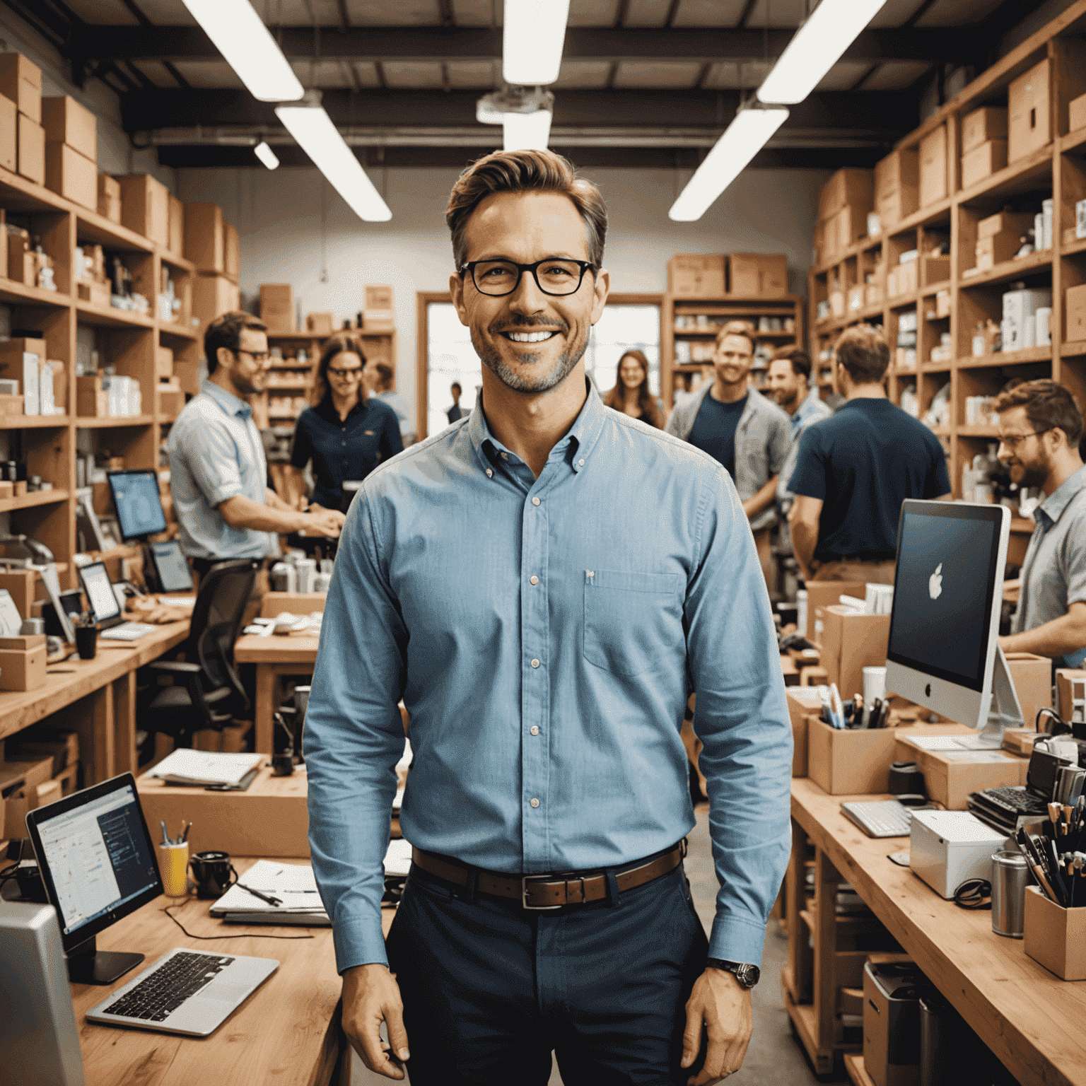 Mark in his thriving small business, surrounded by employees and products