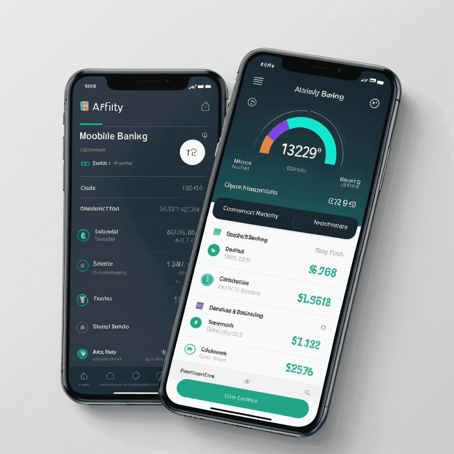 A futuristic interface showing Affinity FCU's mobile banking app with features like spending analysis, budgeting tools, and real-time notifications