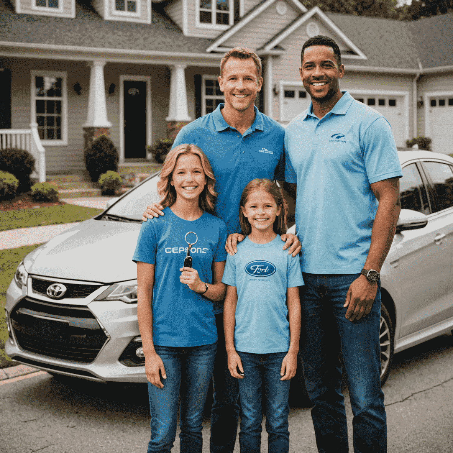 A happy family standing next to their new car, holding keys with an Affinity FCU logo keychain, representing successful auto financing