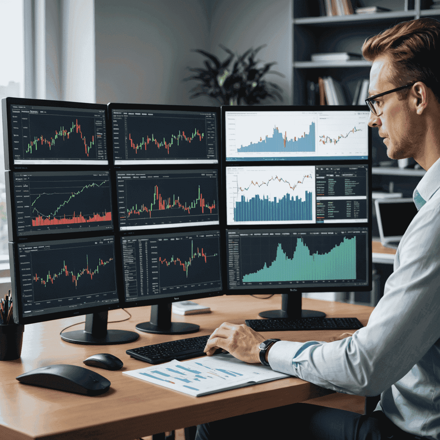 A professional financial advisor analyzing investment charts and graphs on multiple computer screens. The image conveys a sense of expertise and attention to detail in portfolio management.