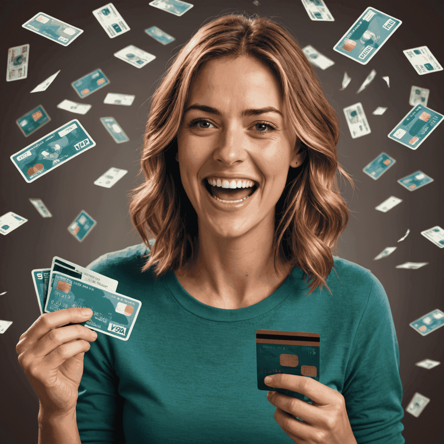 Emily tearing up credit card bills, looking relieved and happy