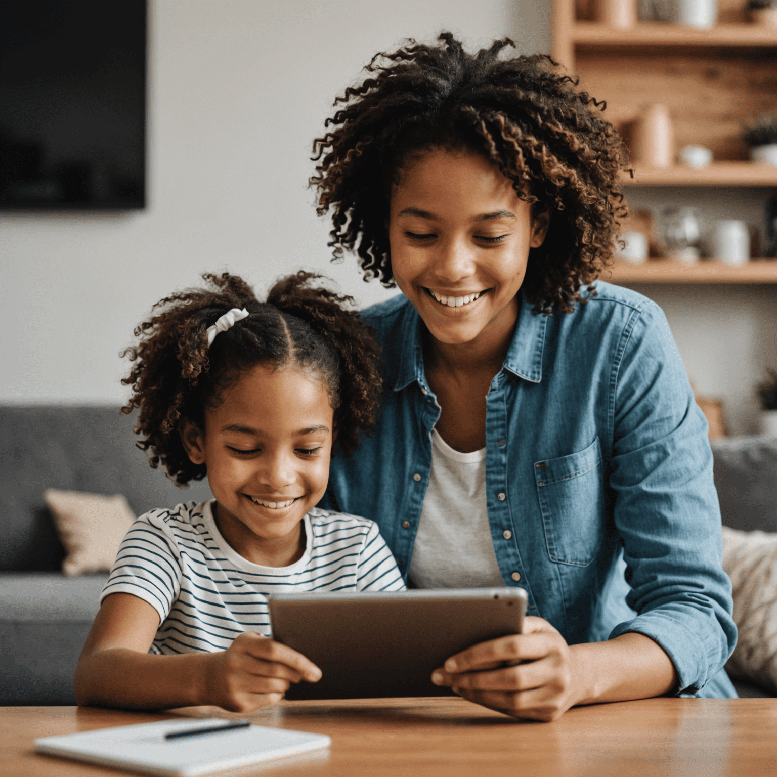 A parent and child smiling together while using a tablet, representing the Affinity FCU Youth Savings Account experience