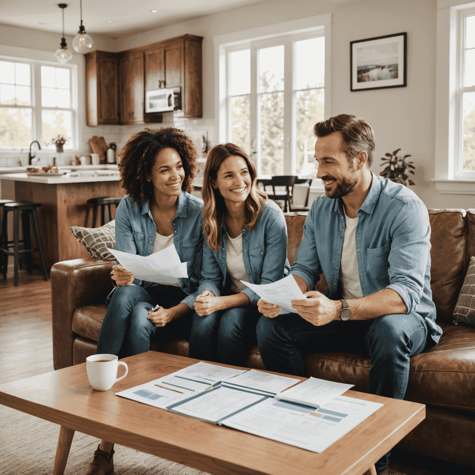 A couple discussing home renovation plans in their living room, with Affinity FCU HELOC documents on the coffee table