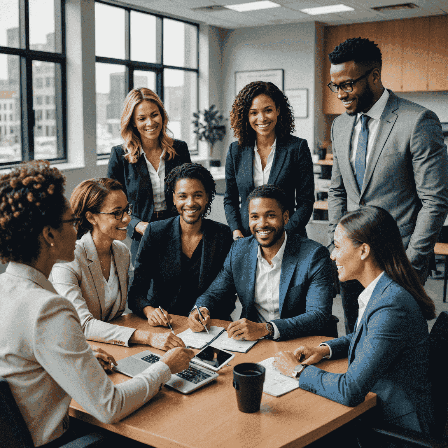 A diverse group of financial advisors collaborating in a modern office setting. The image shows a mix of genders and ethnicities, emphasizing Affinity FCU's commitment to inclusive financial advisory services.