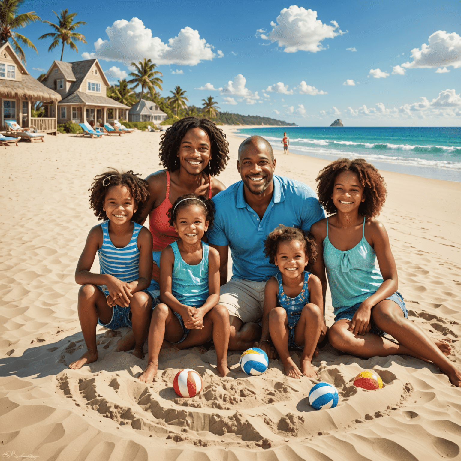 The Johnson family enjoying a beach vacation, smiling and playing in the sand