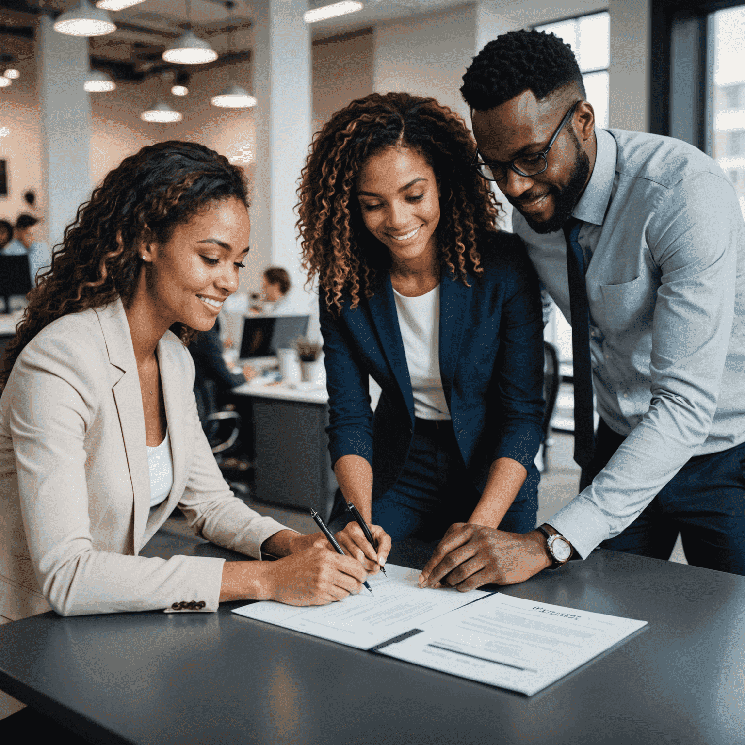 A diverse group of Affinity FCU mortgage specialists helping a young couple sign mortgage documents in a modern office setting