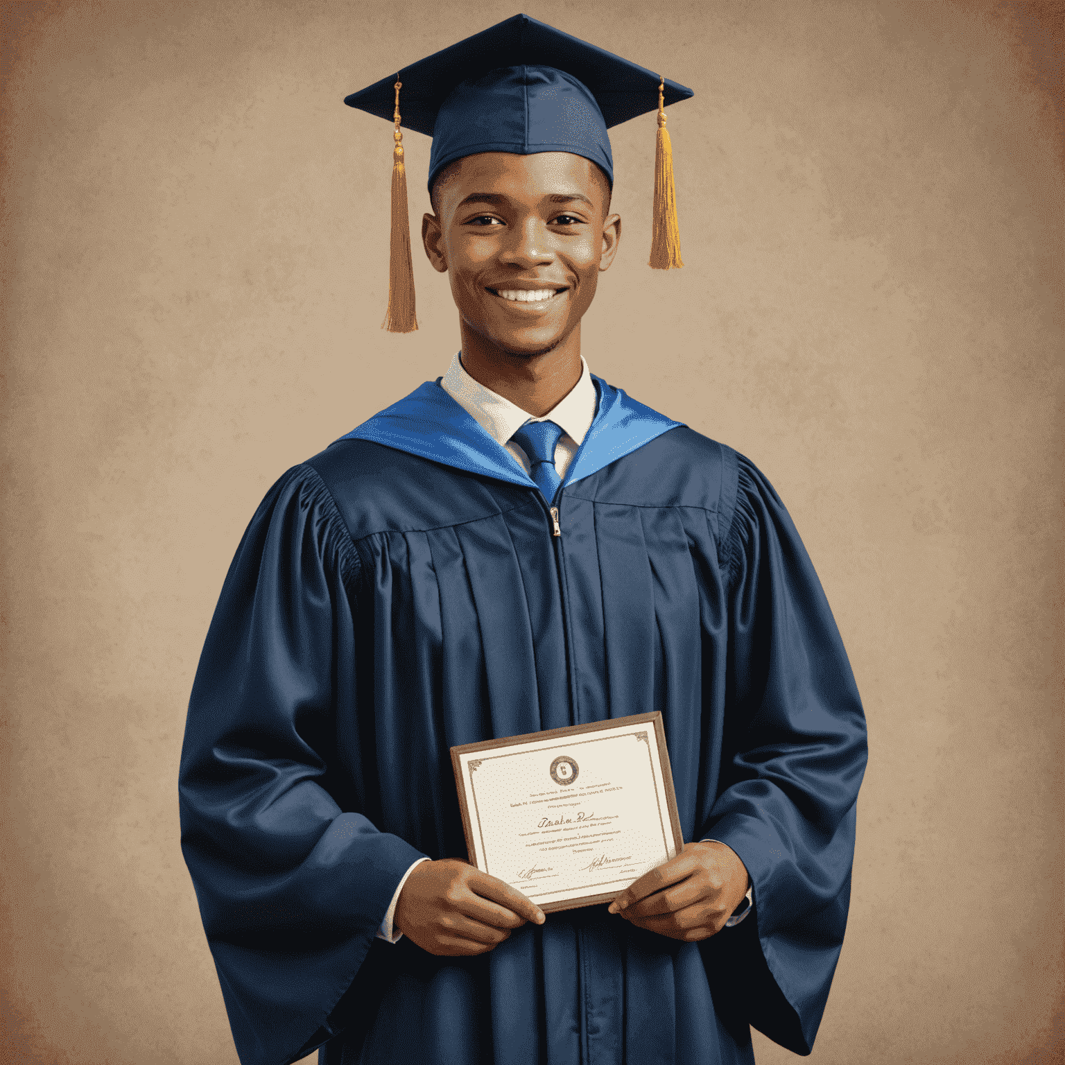 David in a graduation gown, holding his diploma and smiling proudly